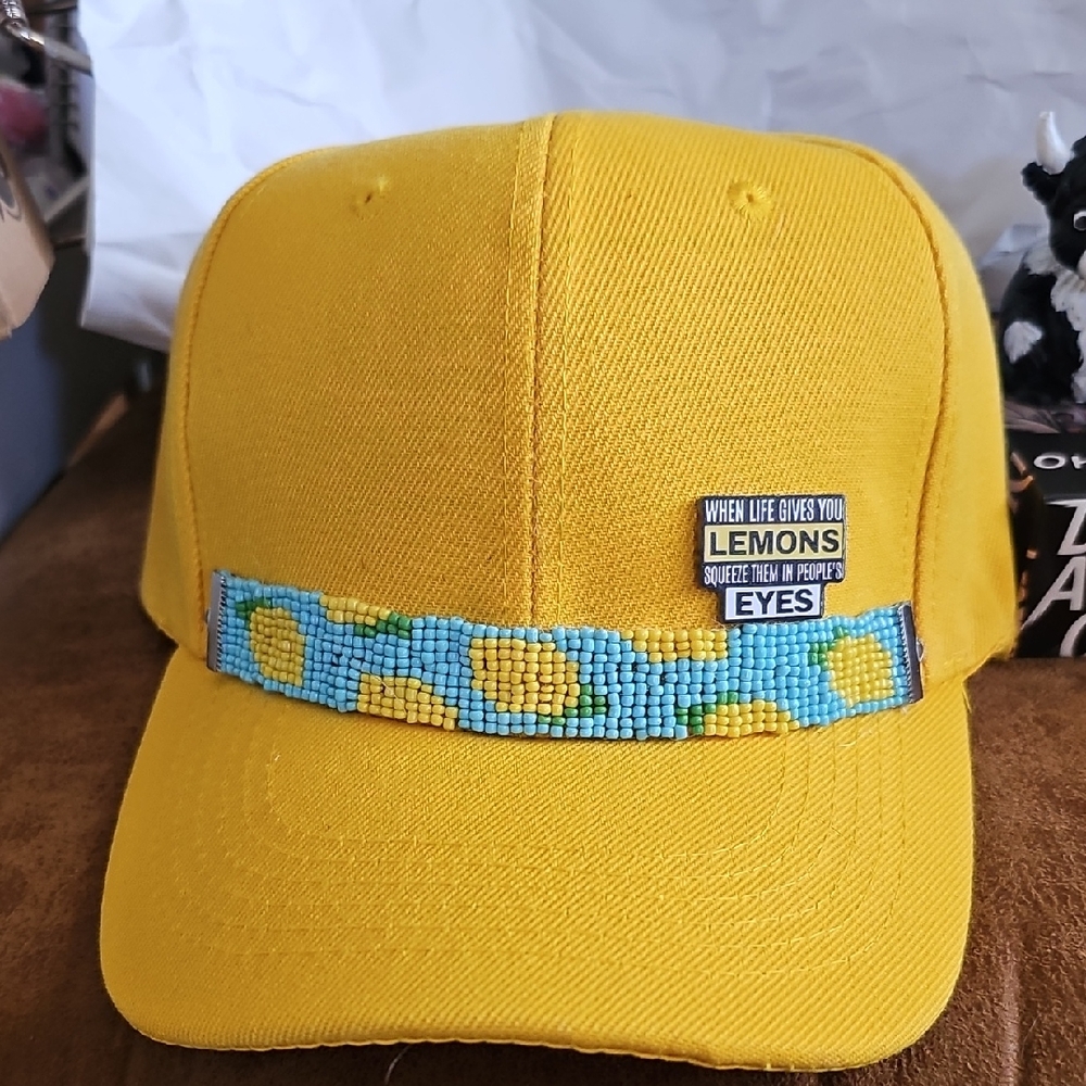 H014. Yellow Cap with Hand Beaded Band
